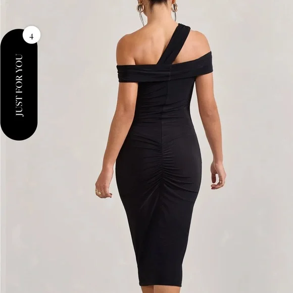 Chain Reaction | Black Strappy Asymmetric Bodycon Midi Dress - Picture 3 of 4